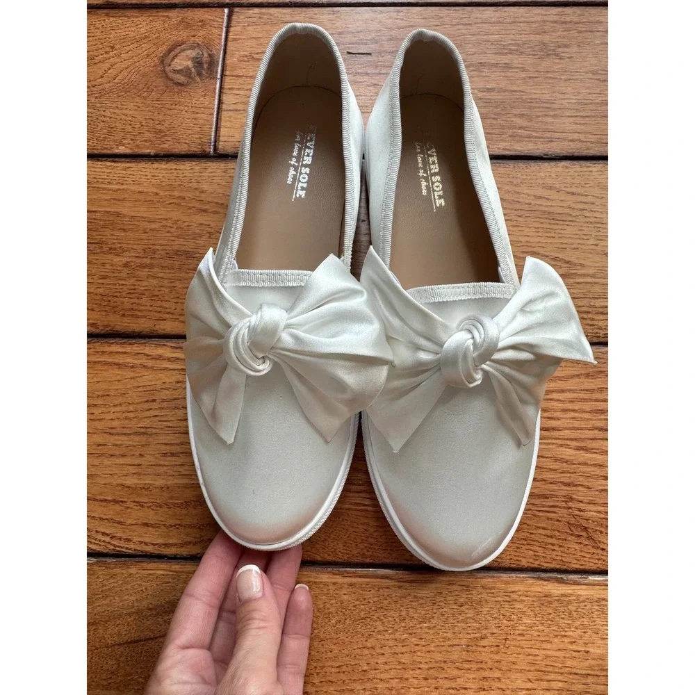 Fever Sole Slip On Sneakers Womens White Satin Bow Bridal Dressy Casual Shoes
